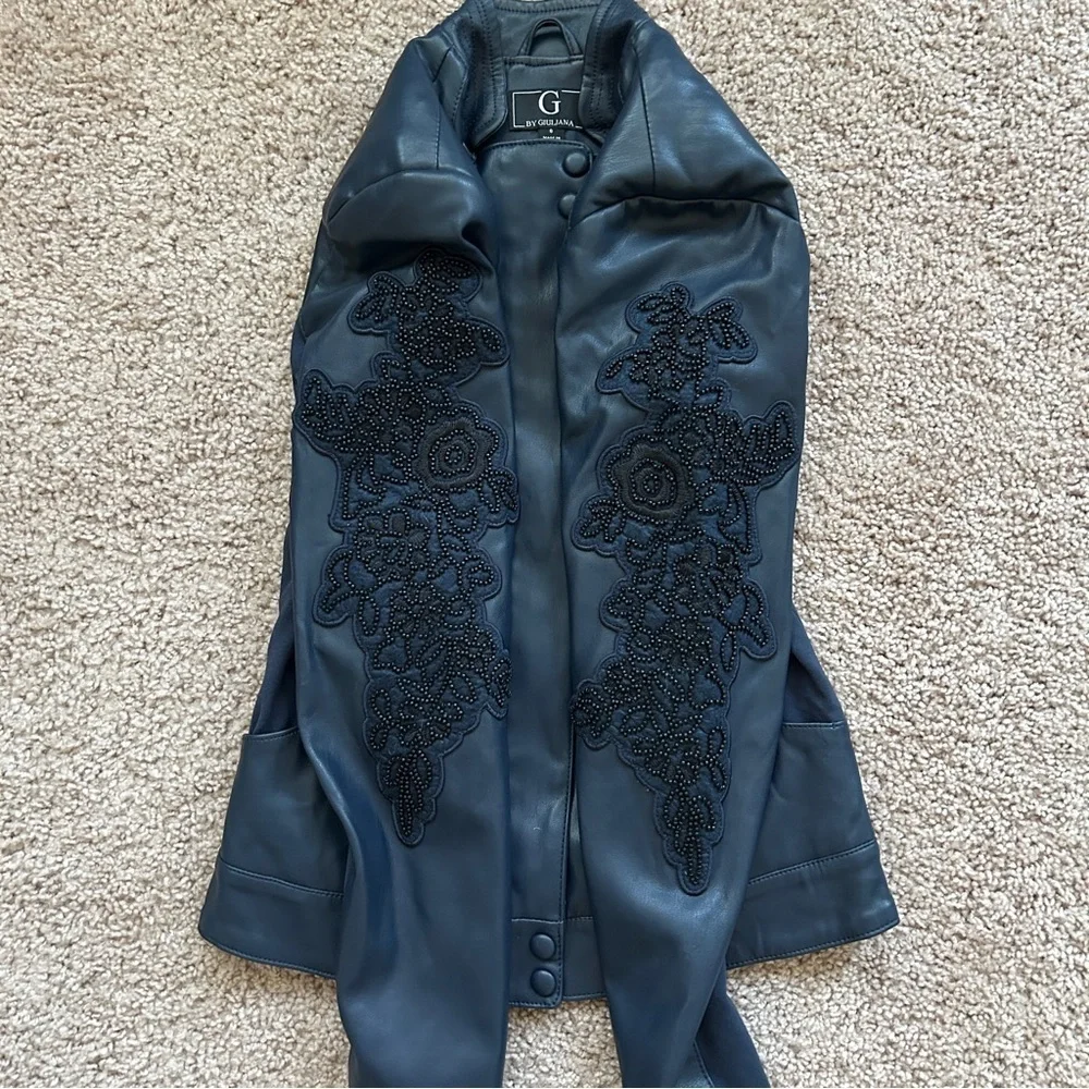 G by Guiliana Vintage Vegan Leather Beaded Embroidered Floral Navy Jacket Size 0